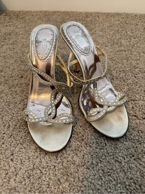 Women's Pewter Rhinestone Strappy Heeled Sandals